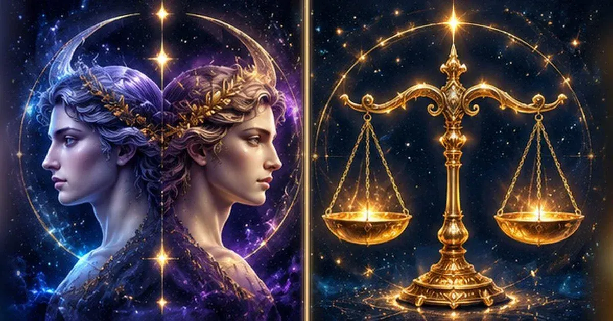 رسم رمزي مستوحى من الأبراج: توافق الجوزاء والميزان: التواصل والثقة والتحديات