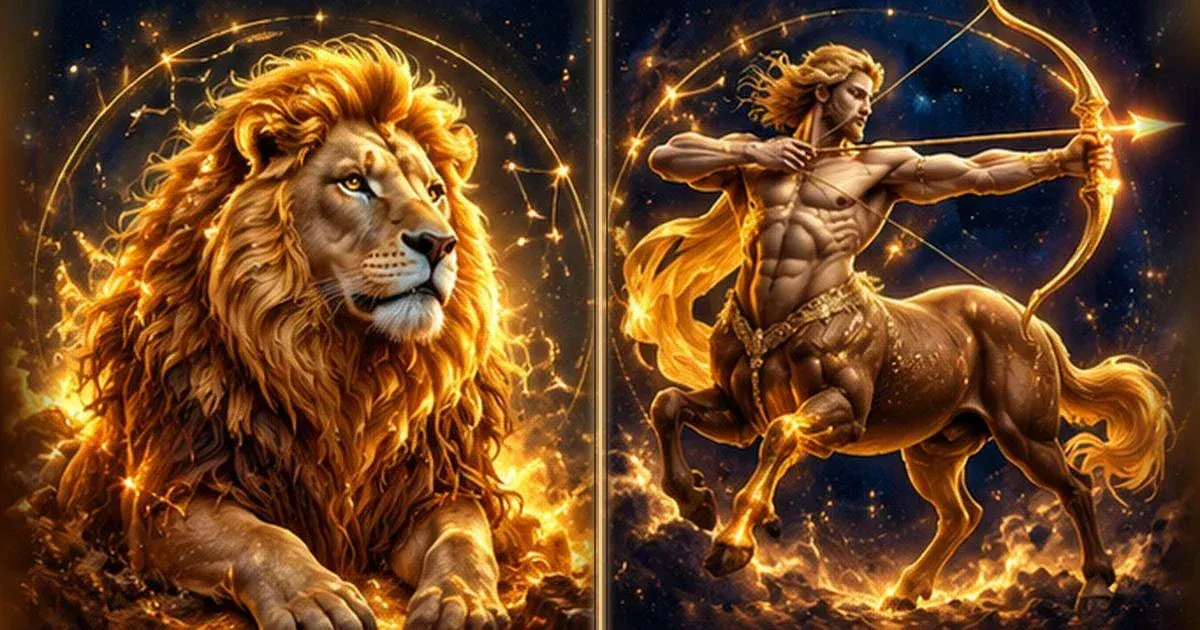 رسم رمزي مستوحى من الأبراج: توافق الأسد والقوس: التواصل والثقة والتحديات