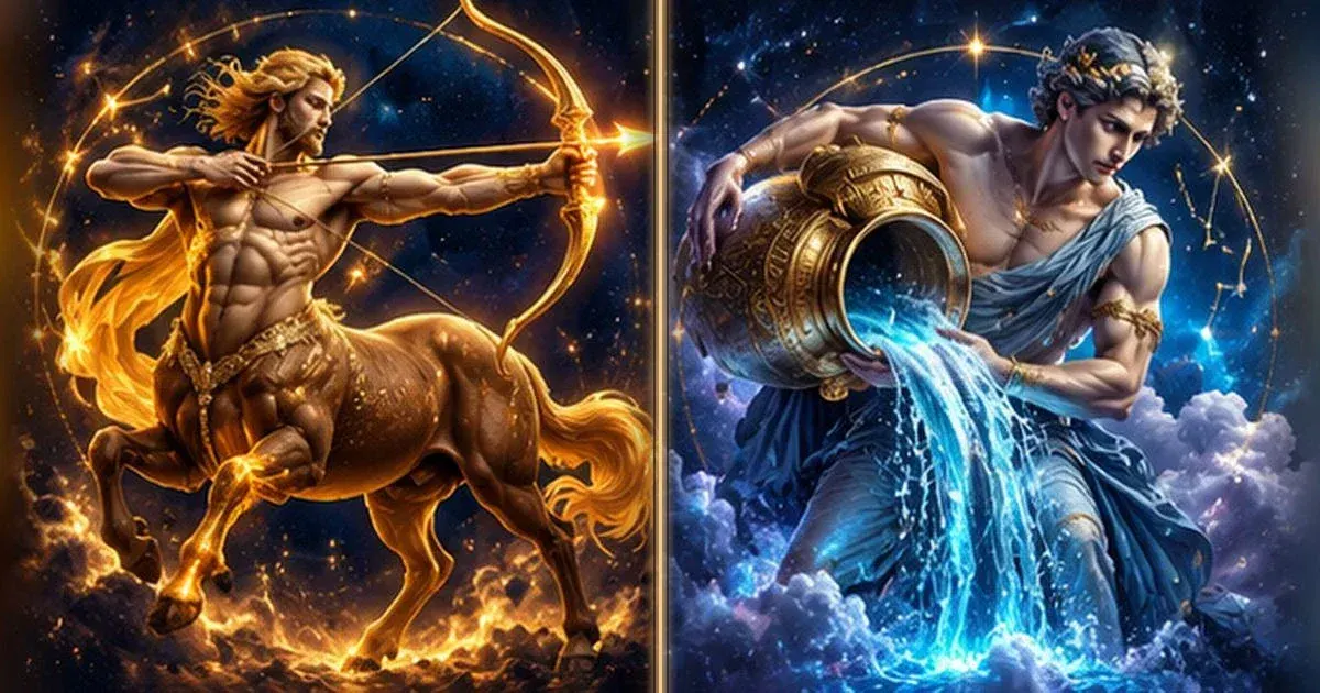 Astrological artwork for Sagittarius and Aquarius Compatibility: Communication & Trust