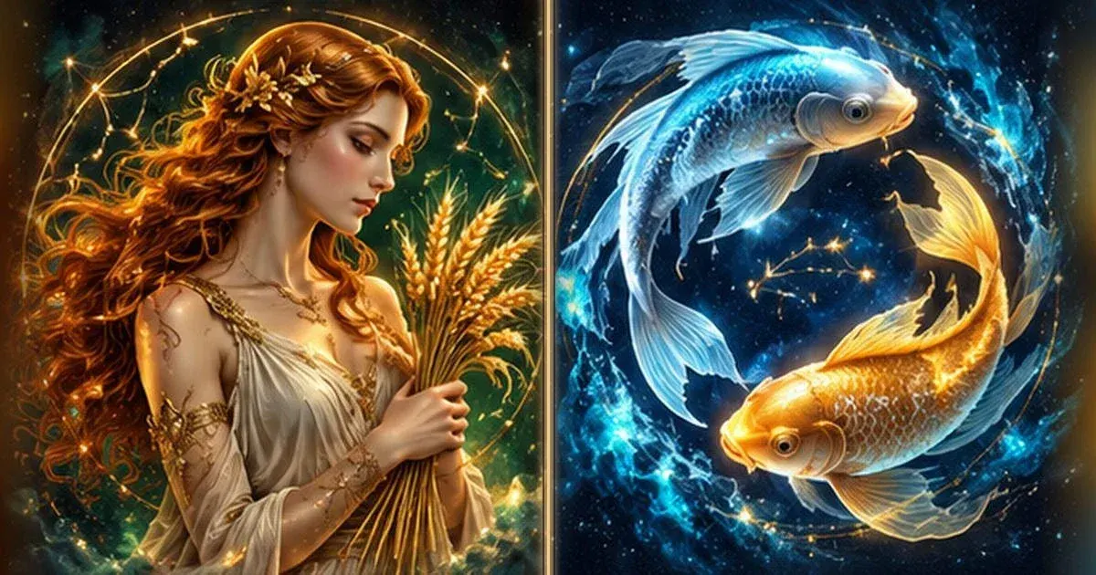 رسم رمزي مستوحى من الأبراج: توافق العذراء والحوت: التواصل والثقة والتحديات