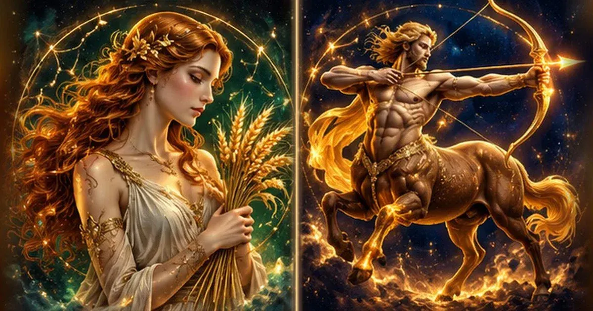 رسم رمزي مستوحى من الأبراج: توافق العذراء والقوس: التواصل والثقة والتحديات