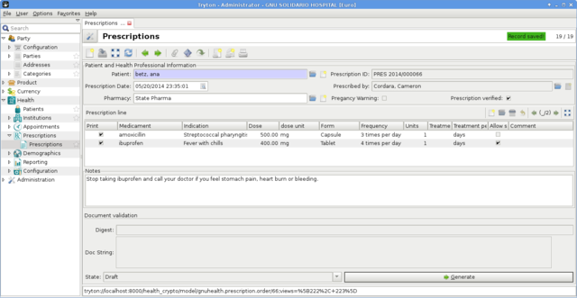GNU Health electronic prescription order generation