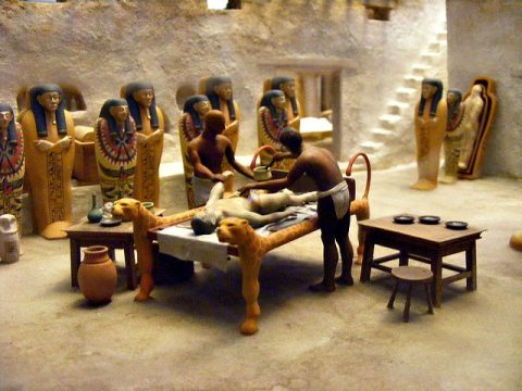 diorama of Egyptian mummification process