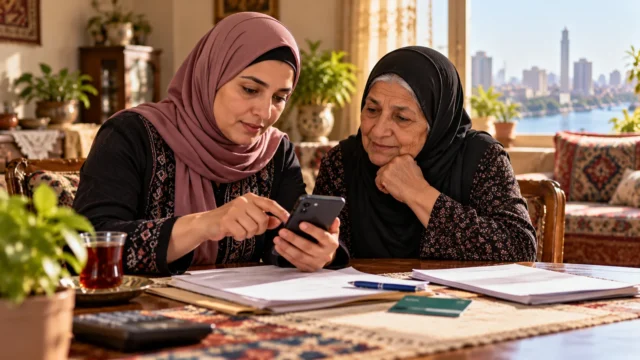 سيدتان مصريتان تراجعان بيانات برنامج تكافل وكرامة عبر الهاتف مع مستندات الاستعلام على طاولة منزلية