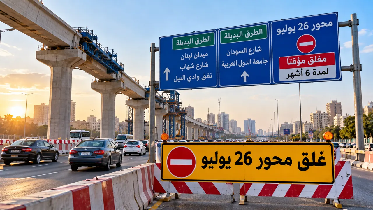 تصور توضيحي لأعمال إنشاءات وتحويلات مرورية على طريق رئيسي في القاهرة