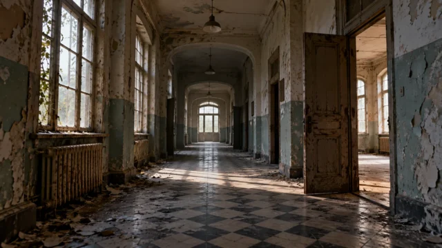 Empty deteriorating corridor in an abandoned historic building with peeling walls and daylight through tall windows