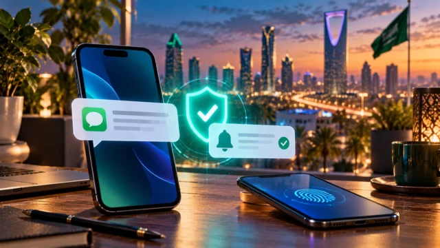 هاتفان ورموز حماية وإشعارات تحقق أمام أفق الرياض للتعبير عن مشكلة عدم وصول رمز أبشر وتطبيق نفاذ