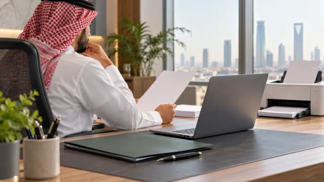 حاسوب محمول وطابعة وأوراق على مكتب لتوضيح إصدار تقرير مقيم إلكترونيًا