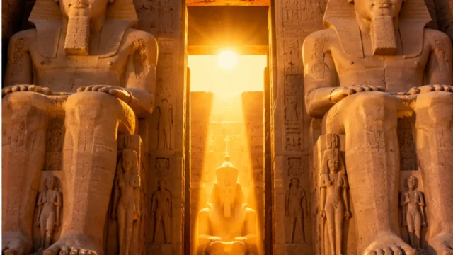 Illustrative sunrise illuminating the monumental façade and inner sanctuary of Abu Simbel in southern Egypt