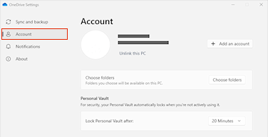 Microsoft official OneDrive Settings screenshot with the Account tab highlighted and Unlink this PC visible