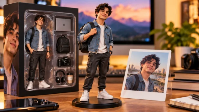 صورة تعبيرية مولدة بالذكاء الاصطناعي لمجسم 3D على مكتب بجوار صندوق عرض