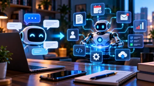 Illustration comparing a conversational AI chatbot with an action-taking AI agent connected to email, calendar, documents and tools