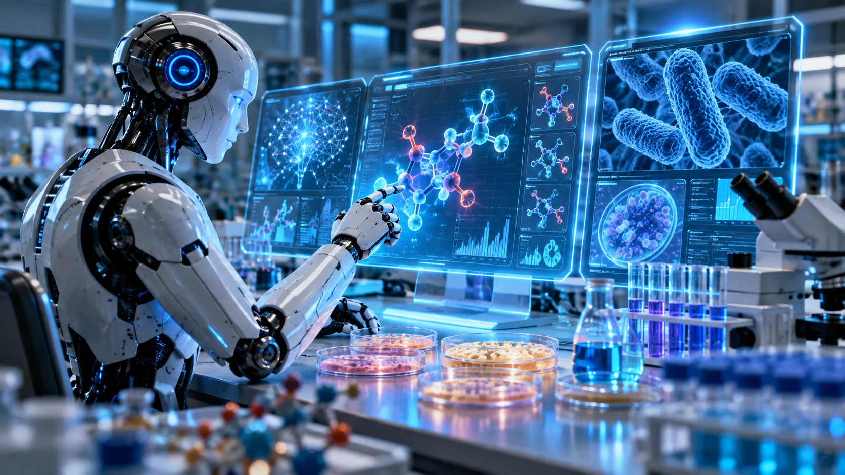 Futuristic laboratory illustration of AI-assisted antibiotic discovery