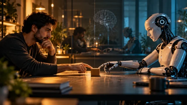Editorial illustration of a thoughtful man and a humanoid robot responding to the same situation across a table