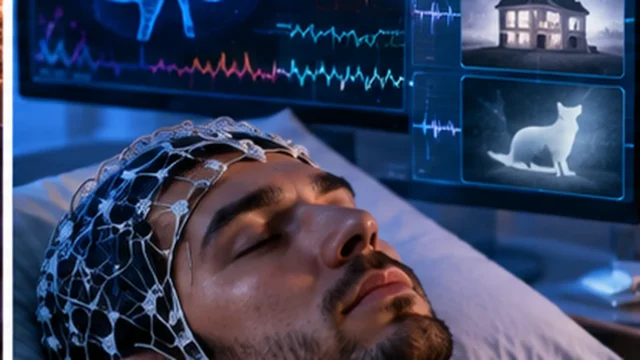 شخص نائم يرتدي قبعة EEG وشاشة تعرض نشاط الدماغ وصورًا رمزية للذاكرة