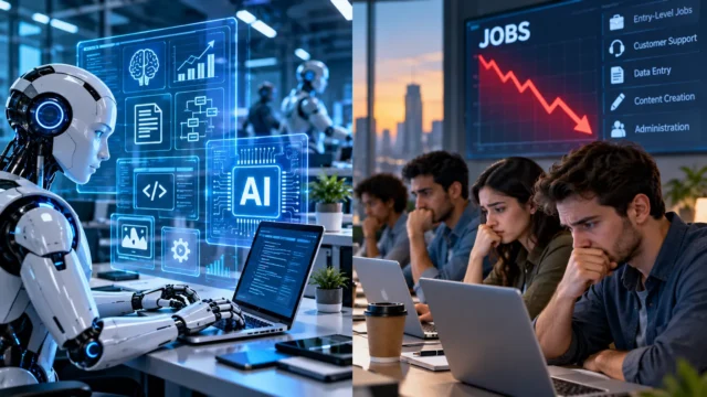 Conceptual illustration of AI automation and entry-level office workers