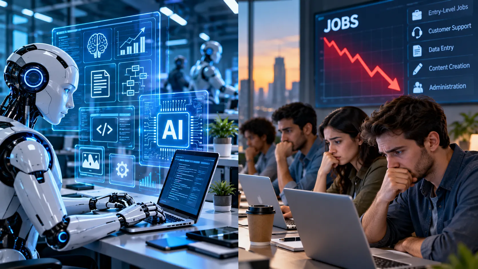Will AI Replace Entry-Level Jobs? What the IMF Warns and What the Evidence Shows 1 Conceptual illustration of AI automation and entry-level office workers