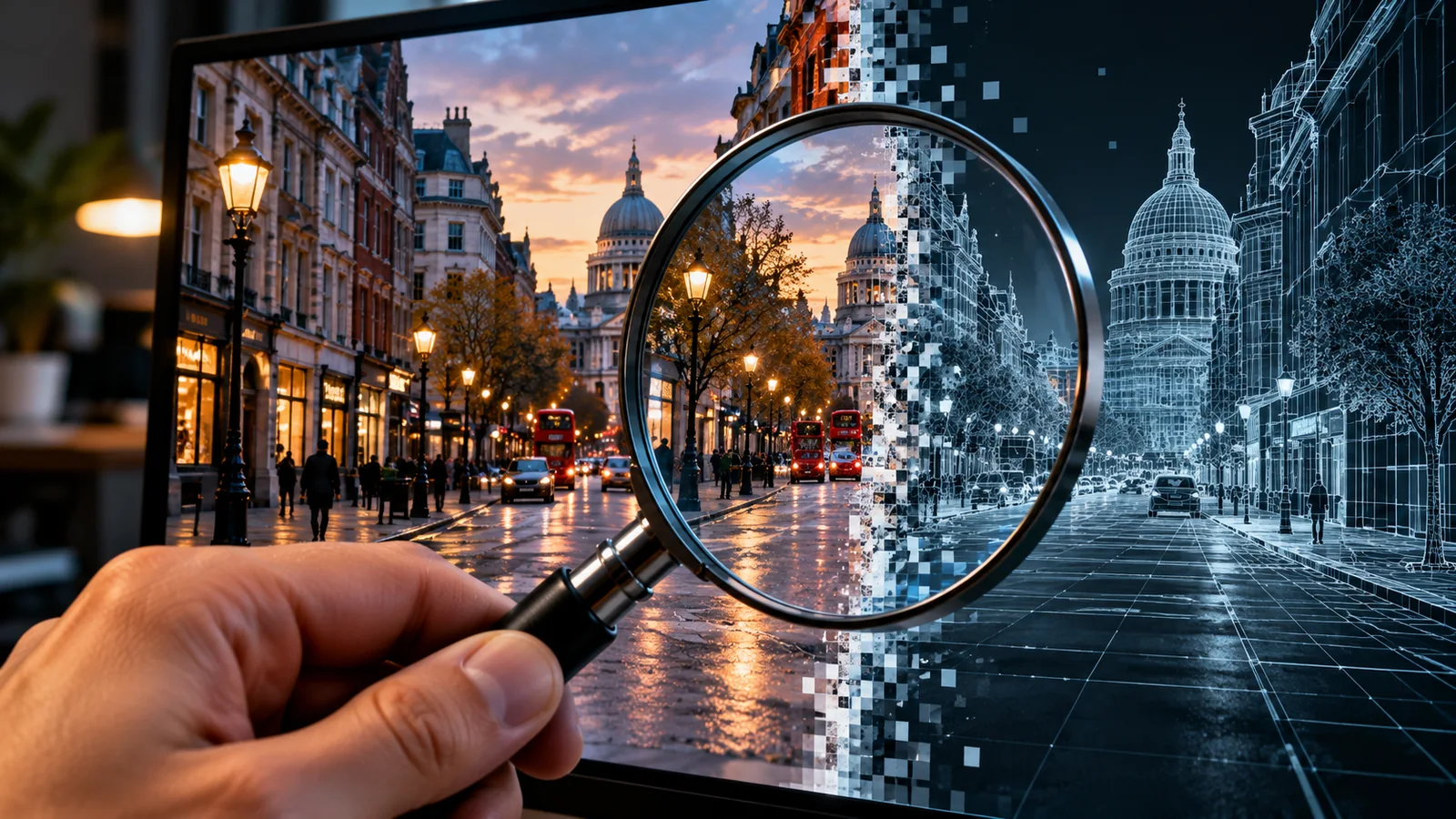 How to Spot AI-Generated Photos and Videos Without Relying on AI Detectors 1 Magnifying glass examining a city photograph transitioning into a digital wireframe illustration