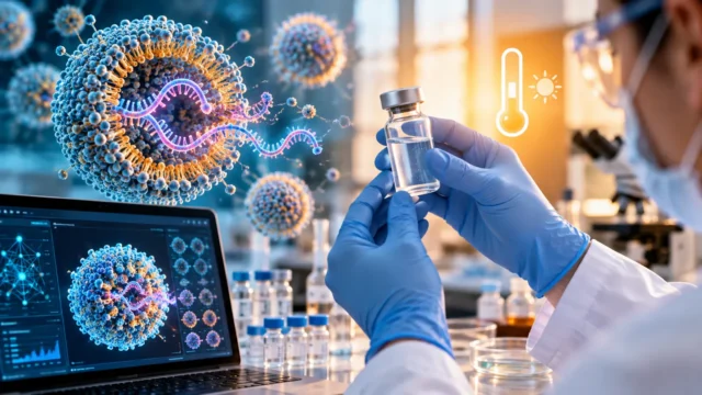 صورة تعبيرية لباحث يدرس لقاحات mRNA والجسيمات النانوية الدهنية باستخدام الذكاء الاصطناعي
