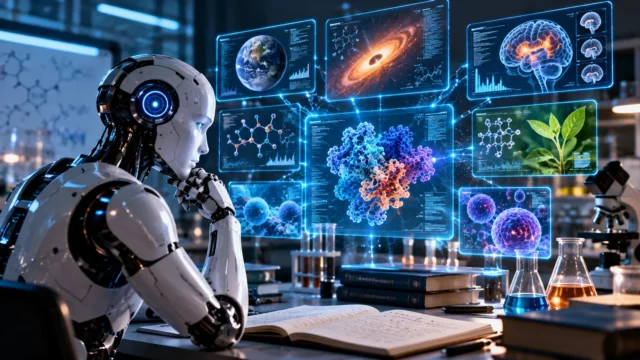 Illustration of AI analyzing molecular and scientific research in a futuristic laboratory
