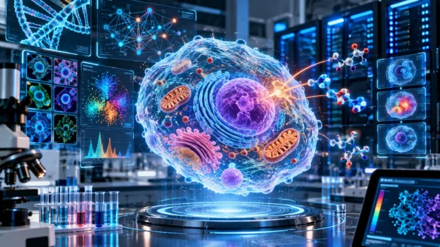 AI-powered virtual human cell simulation in a futuristic biology laboratory
