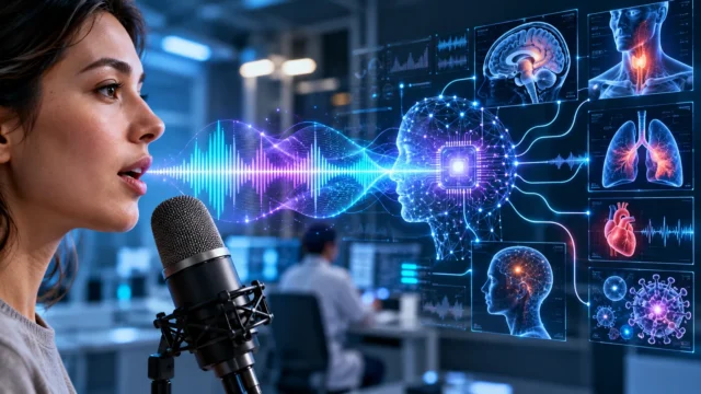 Concept illustration of AI analyzing human speech waves for neurological and respiratory health signals