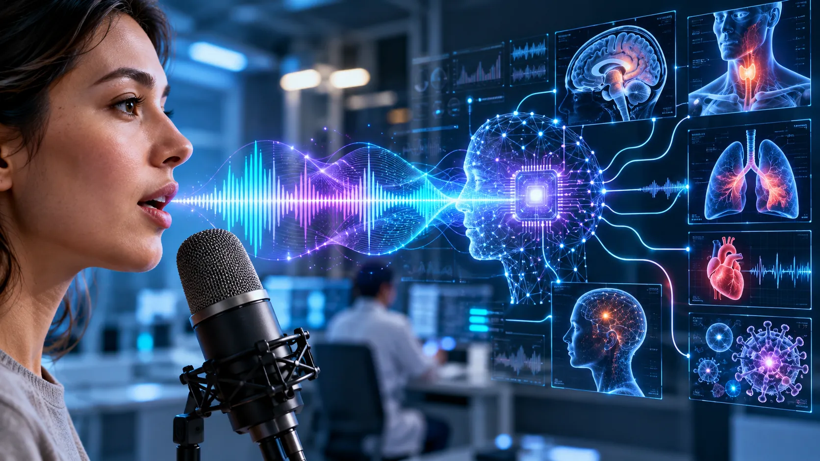 Concept illustration of AI analyzing human speech waves for neurological and respiratory health signals