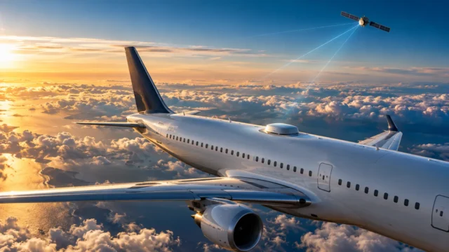 Illustration of a passenger aircraft above the clouds connected to a communications satellite by a wireless data link