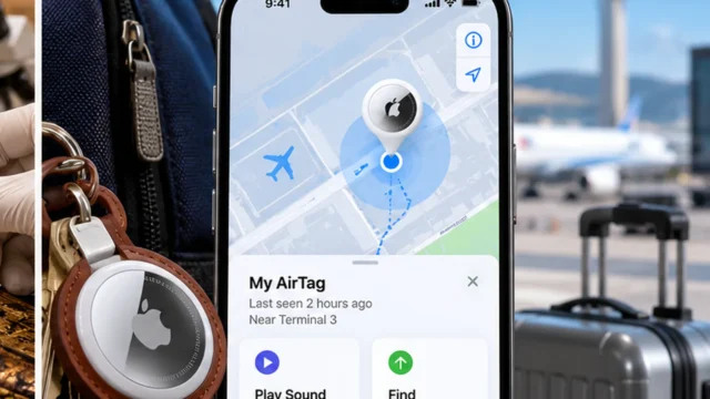 AirTag attached to luggage beside a phone showing location status in Find My