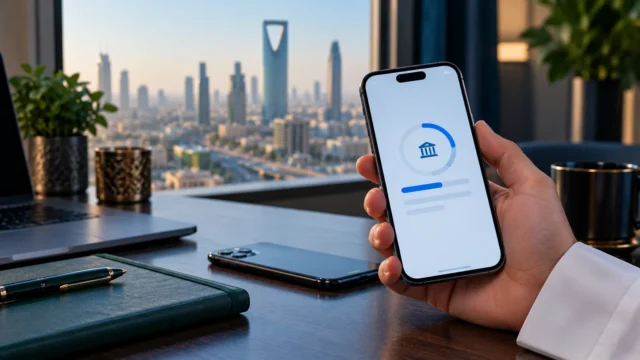 هاتف ذكي يعرض مؤشر معالجة حوالة مصرفية في مكتب حديث مع خلفية مدينة الرياض دون بيانات حساب حقيقية