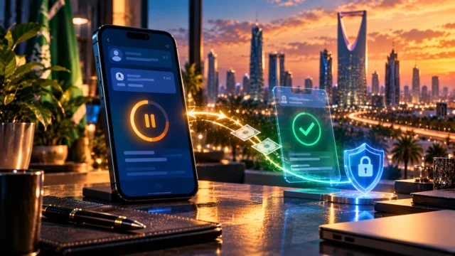 هاتف يعرض تحويلًا مصرفيًا معلقًا ولوحة تحقق وحماية أمام أفق الرياض للتعبير عن مشكلة تعليق تطبيق الراجحي