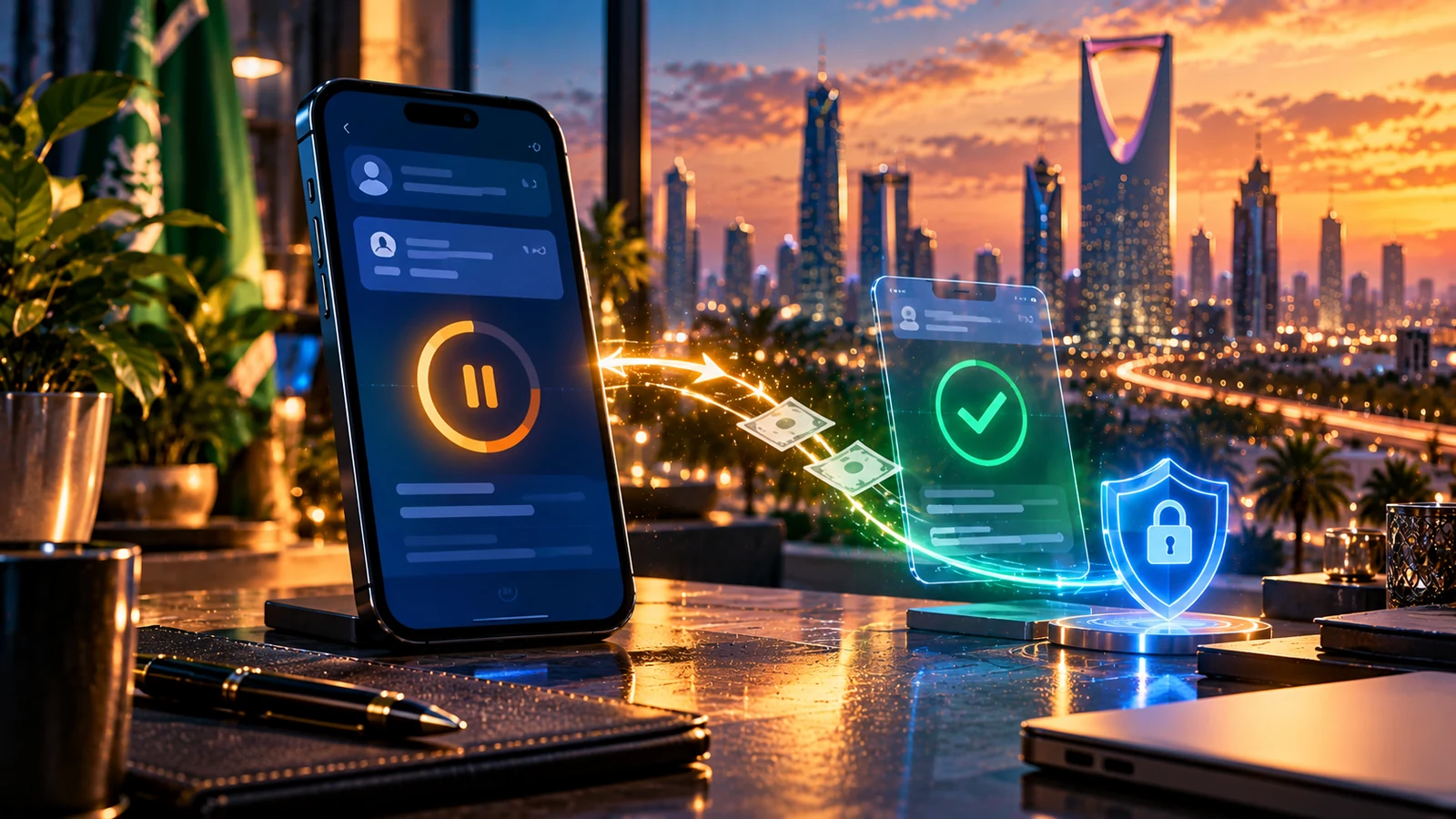حل مشكلة تعليق تطبيق الراجحي وعدم إتمام التحويل: خطوات آمنة لمتابعة الحوالة واستعادة الخدمة 1 هاتف يعرض تحويلًا مصرفيًا معلقًا ولوحة تحقق وحماية أمام أفق الرياض للتعبير عن مشكلة تعليق تطبيق الراجحي