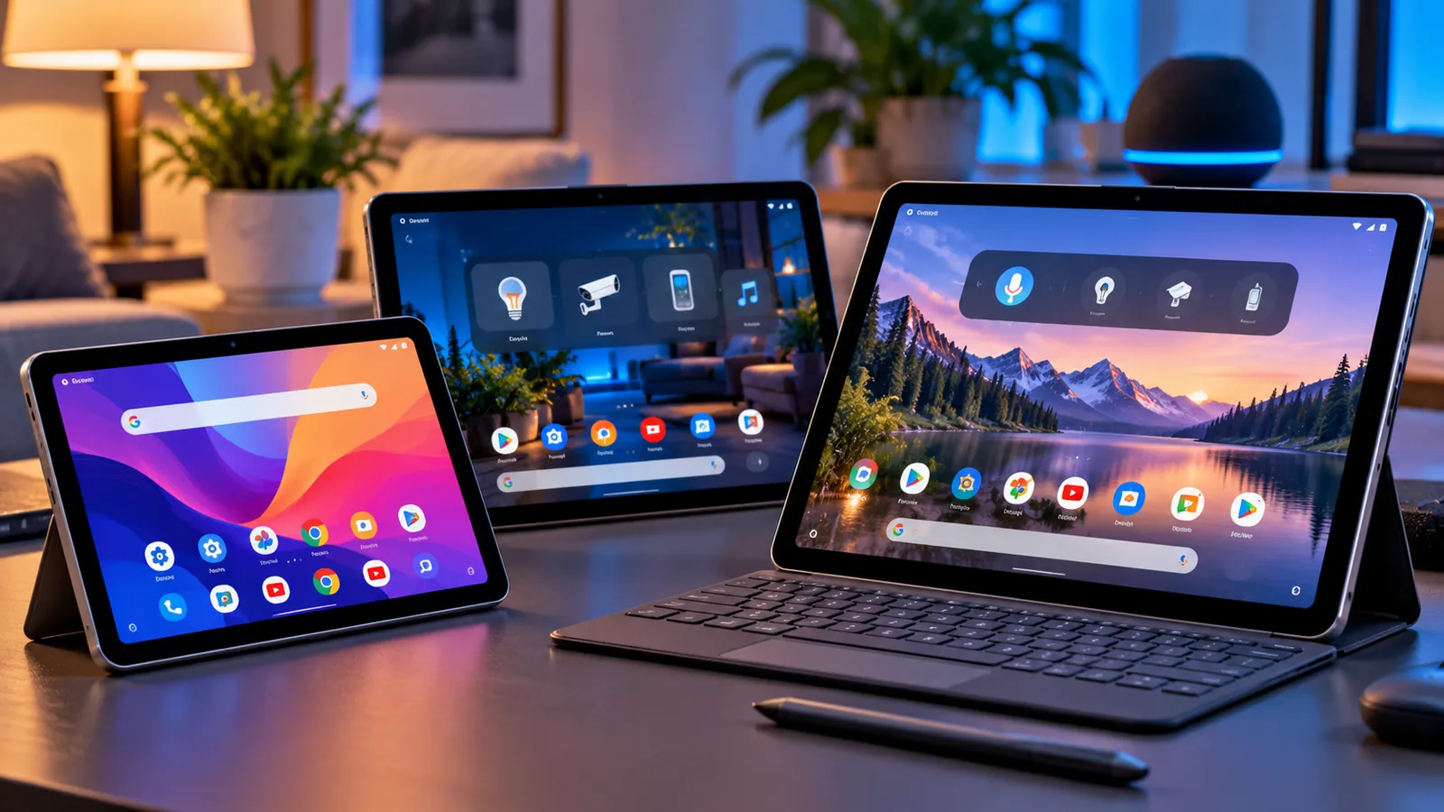 Three premium Android-style tablets with smart-home controls, keyboard, stylus and app icons