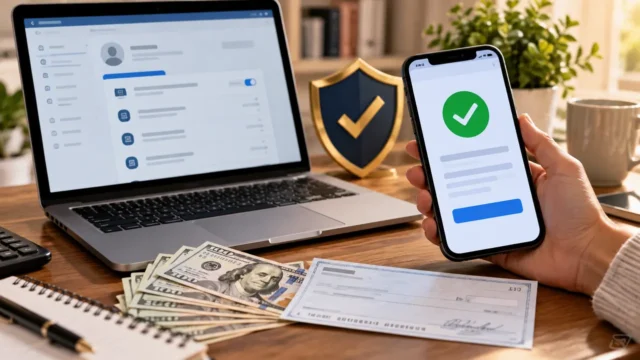 Conceptual image of a consumer checking a secure online refund payment on a phone beside a laptop
