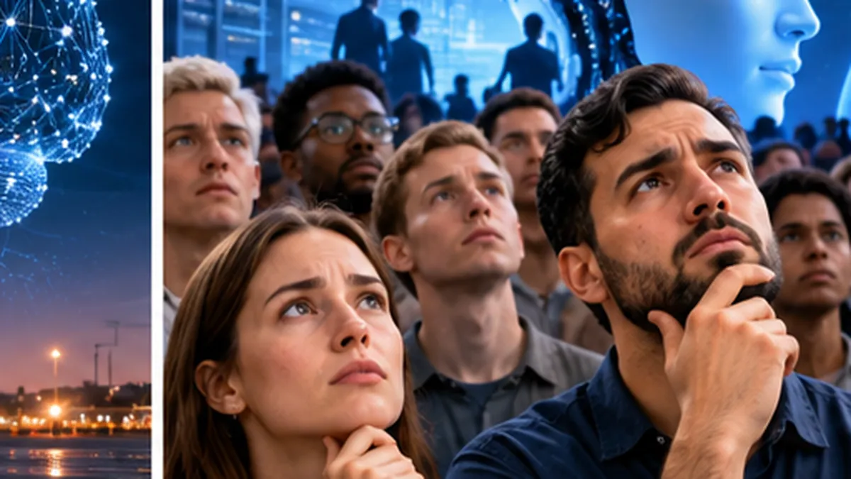 64% of Americans Say AI Is Developing Too Fast — What the New Poll Actually Found 1 Concerned members of the public looking toward a large futuristic artificial intelligence display
