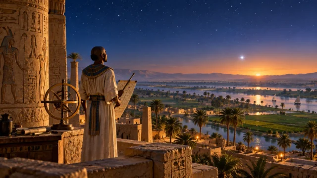 تصور فني لعالم فلك في مصر القديمة يراقب نجم الشعرى اليمانية قبل شروق الشمس فوق نهر النيل والحقول