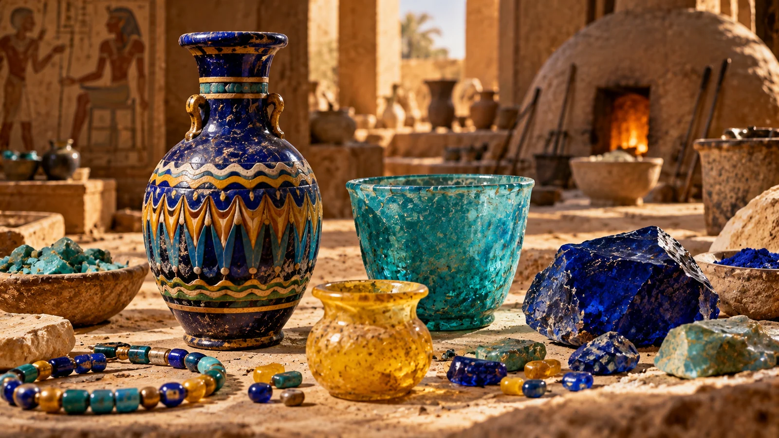 Secrets of Ancient Egyptian Glass: How Did Its Colors Survive for Thousands of Years? 1 Illustrative reconstruction of ancient Egyptian glassmaking with cobalt-blue, turquoise, yellow, and multicolored vessels and beads beside a traditional furnace