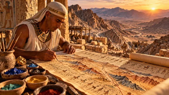 Artistic reconstruction of an ancient Egyptian scribe mapping desert valleys and quarries