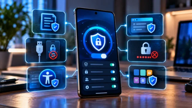 Android phone with Advanced Protection enabled and security controls surrounding the device