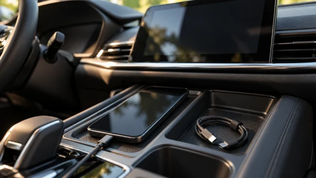 An Android phone connected by a short USB cable in a parked car beside an infotainment display and a spare data cable