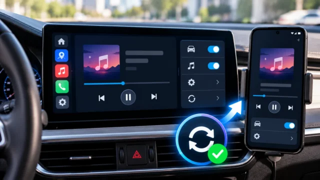Car infotainment screen and Android phone showing media controls and an update success symbol