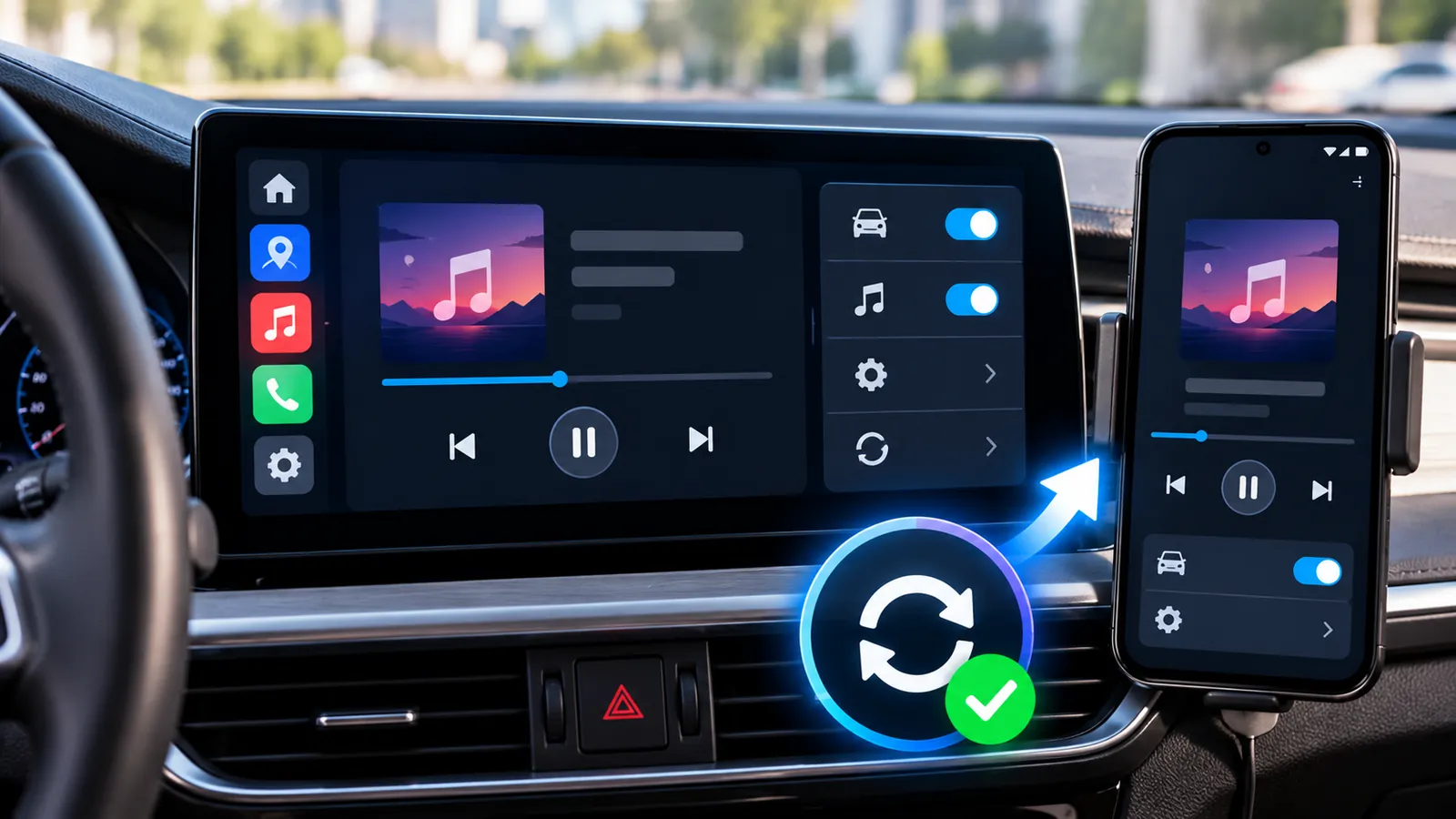 Android Auto Keeps Playing Music Automatically? Google Is Rolling Out a Fix 1 Car infotainment screen and Android phone showing media controls and an update success symbol