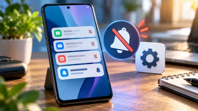 Android phone displaying muted notification cards with an alert icon on a desk