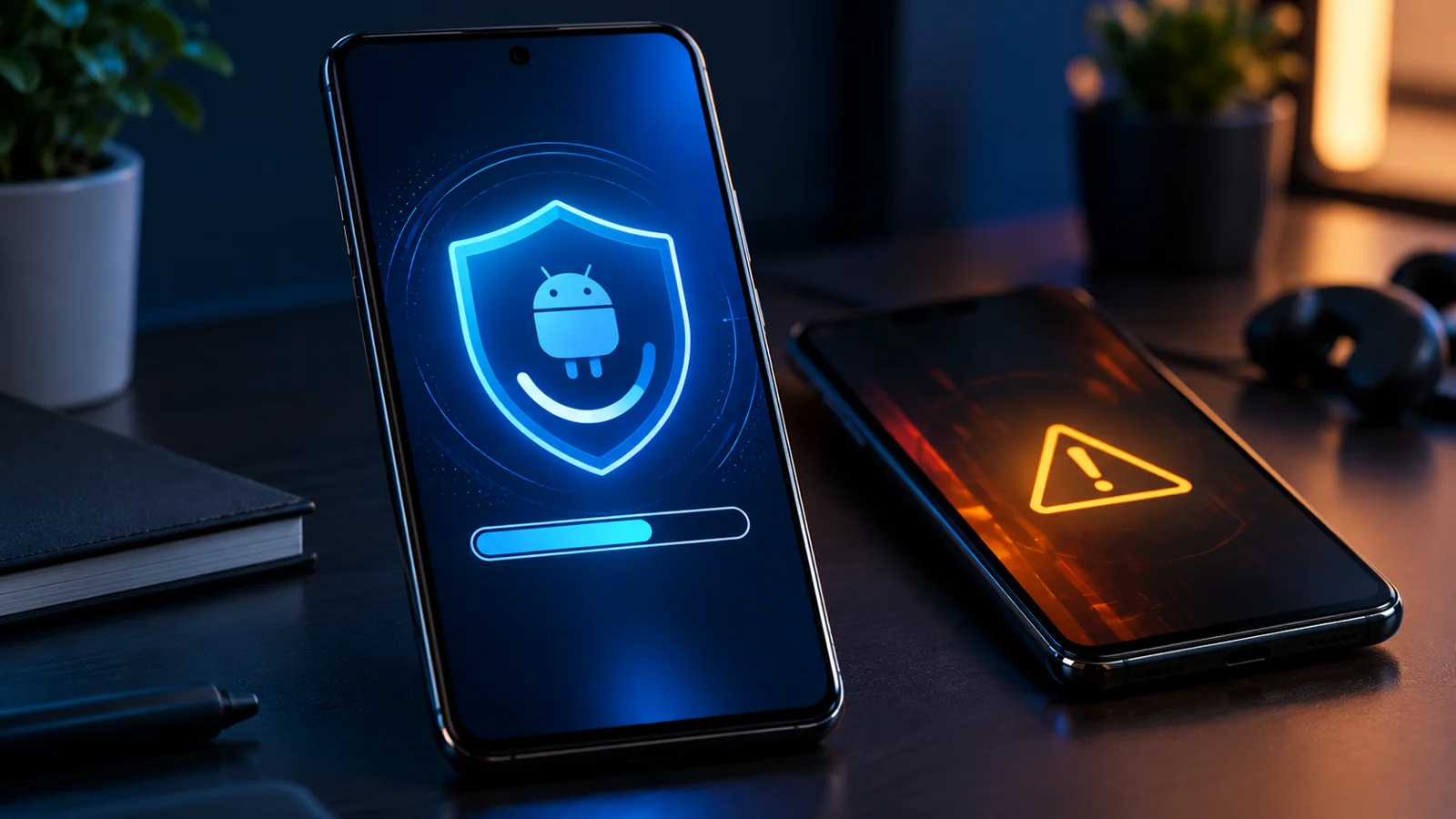 Two Android phones showing security protection and an update warning in a dark technology setting