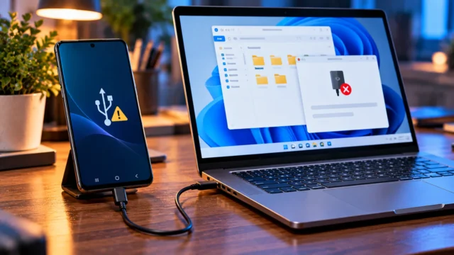 Android smartphone connected to a Windows laptop by USB cable while the PC shows a device detection warning