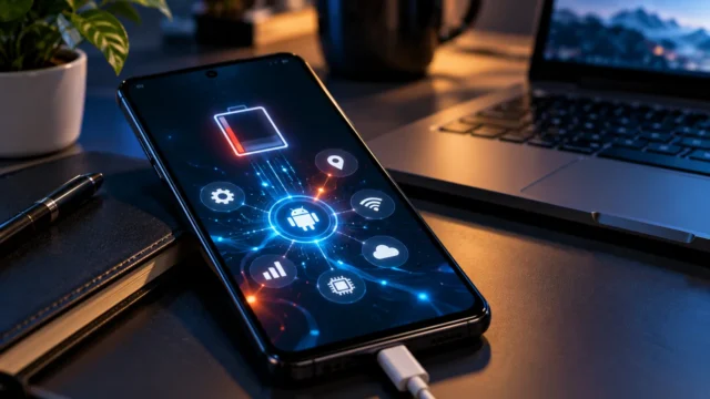 Android smartphone showing low battery and connected system services on a desk