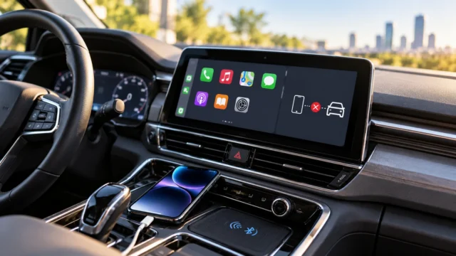 Parked modern car dashboard with a disconnected phone-to-car indicator on the infotainment screen and an iPhone connected by USB cable