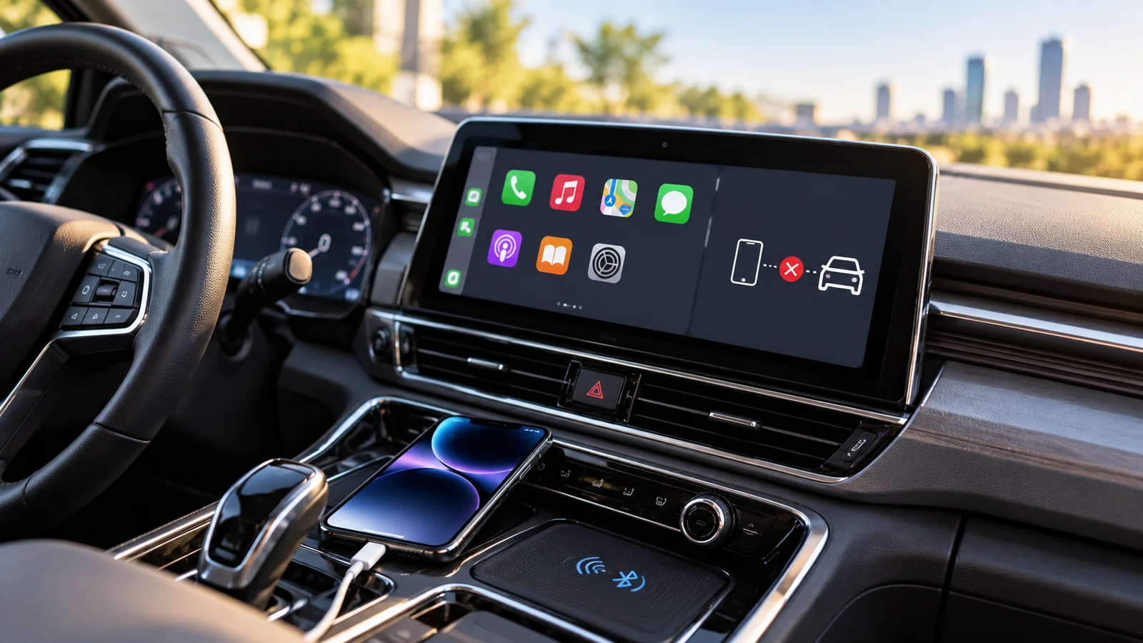 Apple CarPlay Not Working After an iOS Update? Wired and Wireless Fixes 1 Parked modern car dashboard with a disconnected phone-to-car indicator on the infotainment screen and an iPhone connected by USB cable