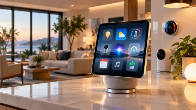 Conceptual smart-home display on a modern kitchen counter with home-control icons and connected home accessories