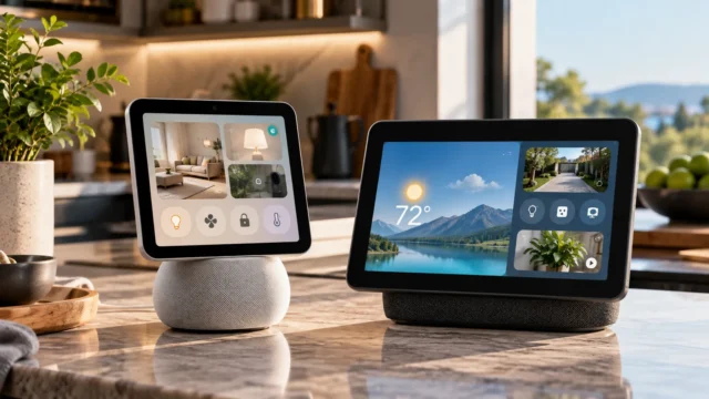 Illustration comparing two smart home touchscreen displays on a kitchen counter